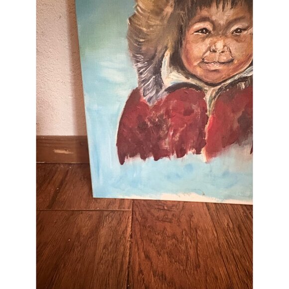 Vintage portrait of Inuit Child Oil Painting Canvas Art blue red 16x12" READ - Picture 6 of 9